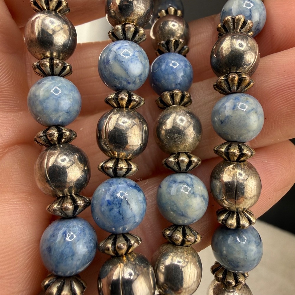 Vintage Polished Stone Blue Gold Tone Beaded Necklace 24"